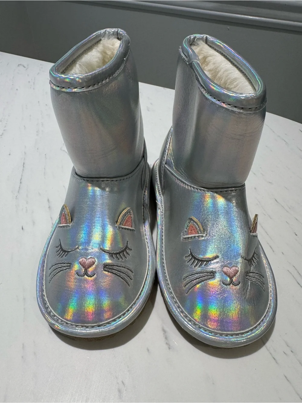 The Children's Place Iridescent Silver Cat Face Kids Snow Boots